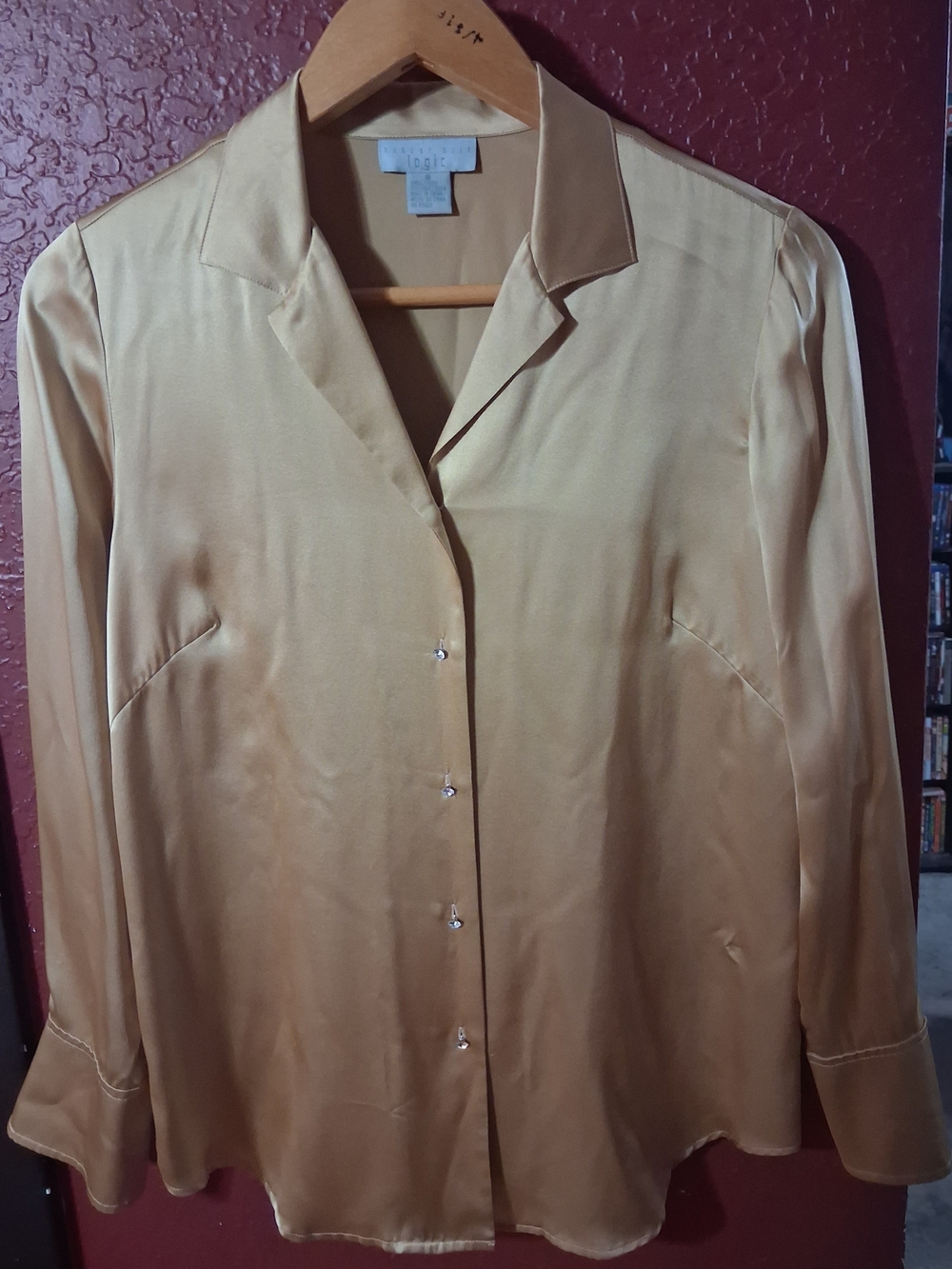 August Silk Logic Golden Beige Button-Front Women's Blouse Size 8